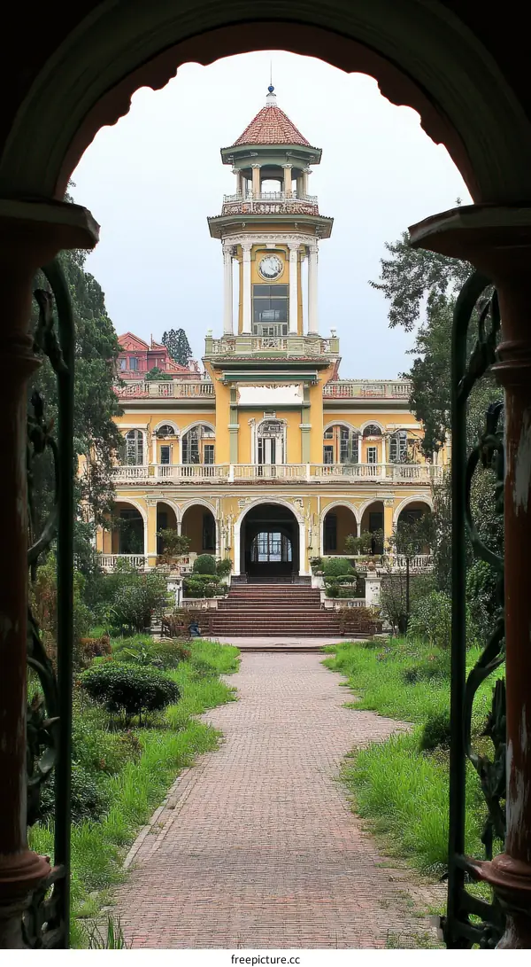 Park Pathway Leading to a Historic Yellow Building with a Clock Tower