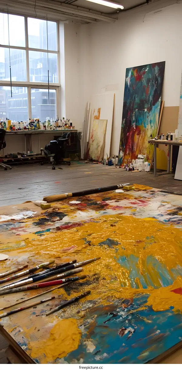 Paint Brushes on a Painting Palette in Art Studio