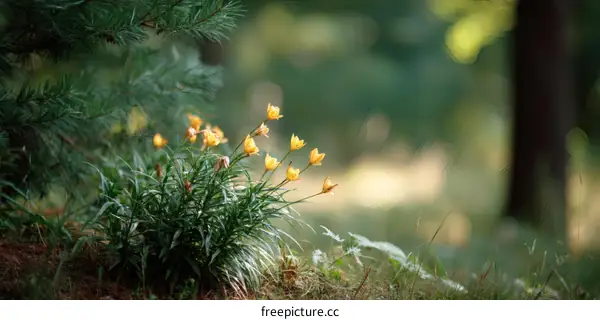Yellow Flowers in a Forest Setting