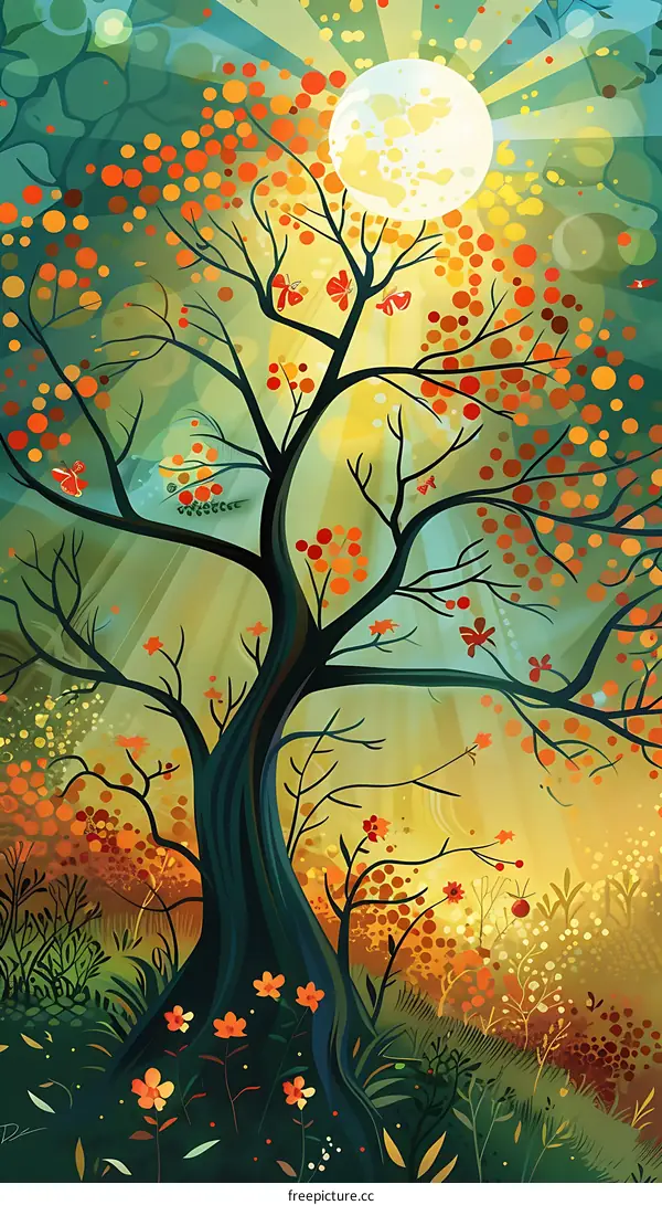 Autumn Tree with Sunbeams and Butterflies