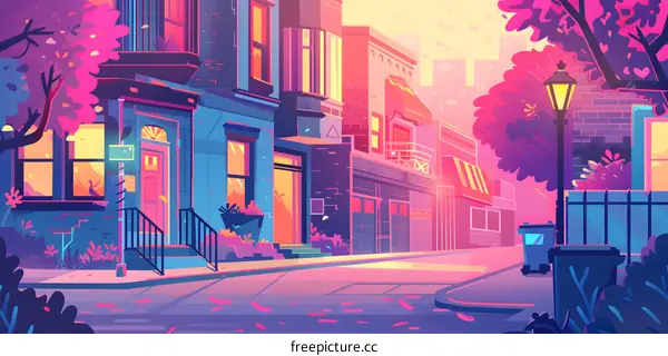 Vibrant Cityscape with Pink and Blue Buildings