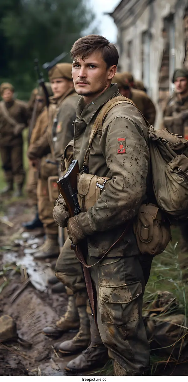 A soldier in a military uniform with a gun standing in a forest