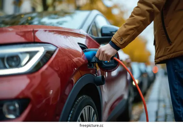 Man Plugs In Electric Car