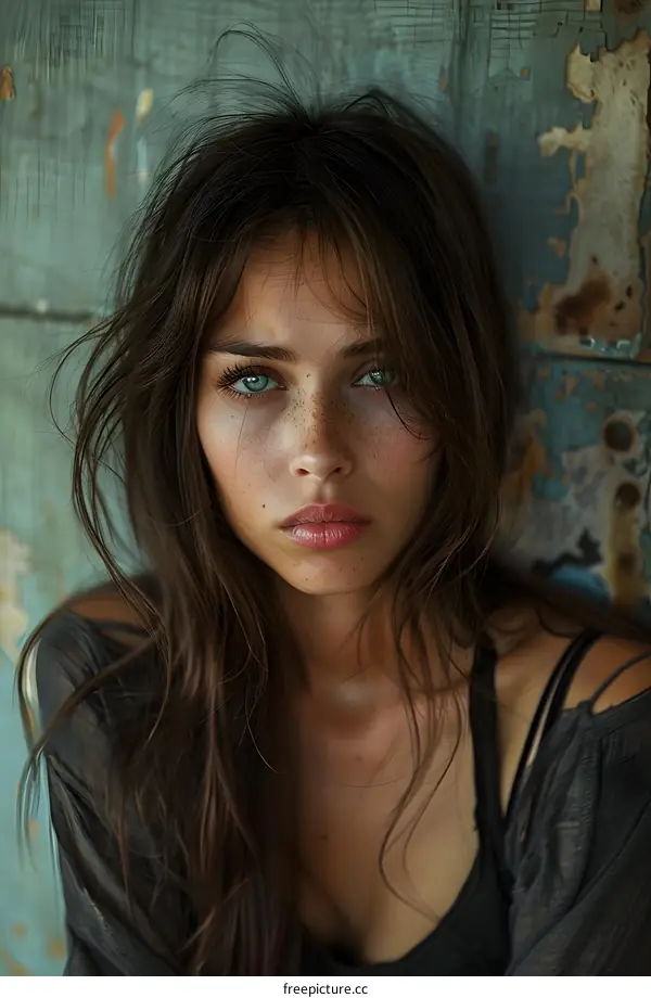 Portrait of a young woman with freckles and green eyes