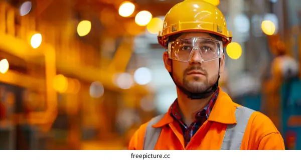 Portrait of a male factory worker wearing a hard hat and safety glasses
