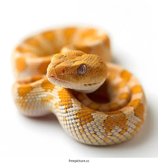 A close-up of a yellow and white snake