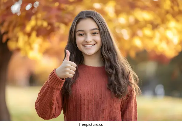 Young Woman Giving Thumbs Up In Autumn Park