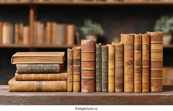 Vintage Books Stacked on Wooden Tabletop