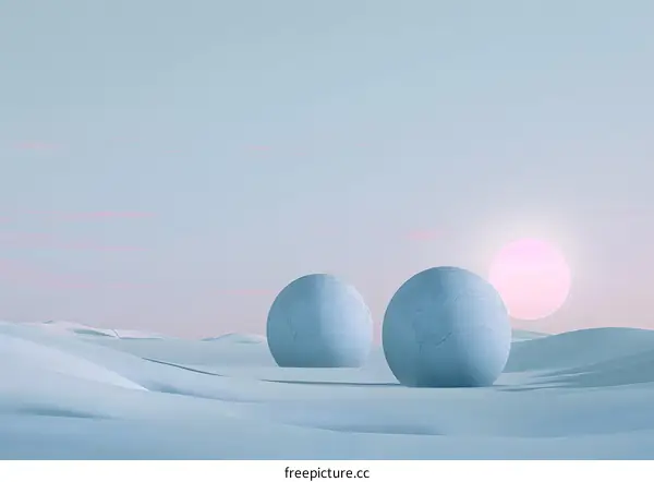 Abstract Minimalist  Two Stone Spheres in a Desert Landscape Under a Pink Sky