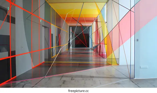 Abstract Geometric Interior Design with Colorful Lines and Panels