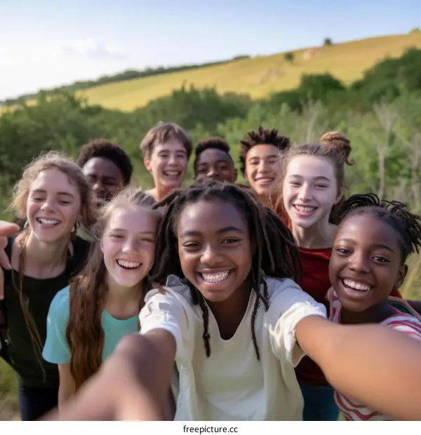 A group of diverse teenagers are smiling and laughing while taking a selfie in a field.