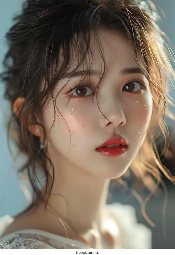 Portrait of a Young Asian Woman with Wet Hair and Red Lips