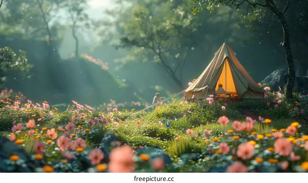 Two friends camping in a beautiful flower field