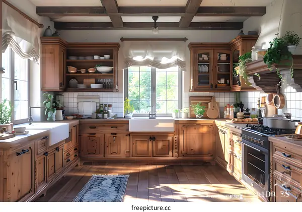Rustic Kitchen Interior Design With Wooden Cabinets And Farmhouse Sink