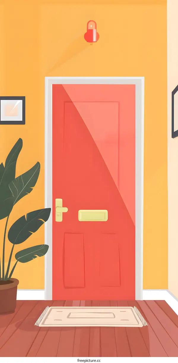 Red Door with a White Welcome Mat in a Cartoon Home
