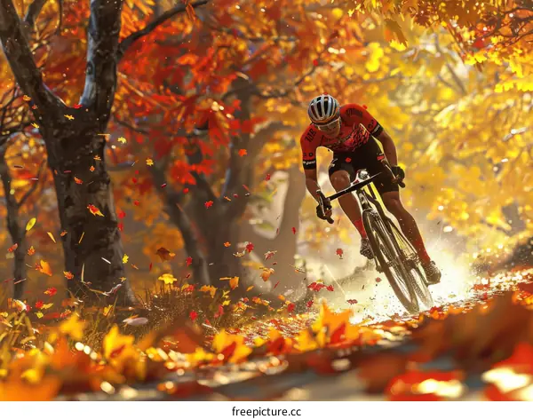 Cyclist riding through a forest in the fall