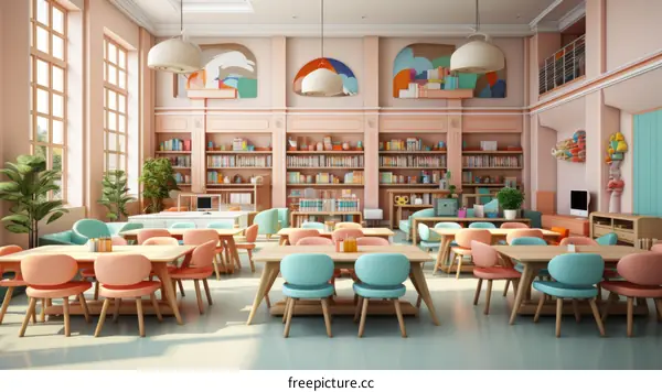 A classroom with pink walls and colorful furniture
