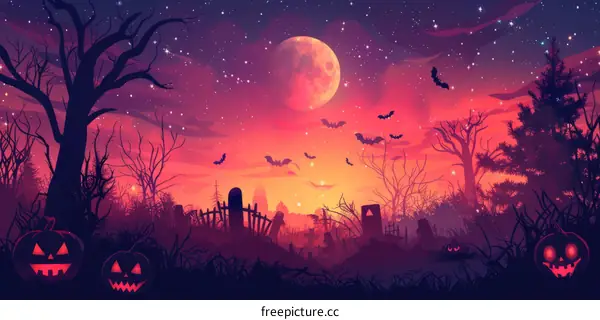 Spooky Halloween Graveyard with Full Moon and Bats
