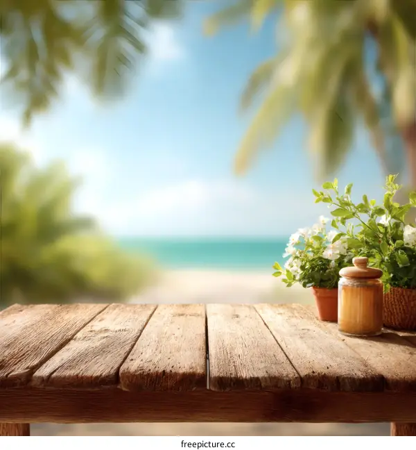 Wooden Tabletop with Blurred Beach Background
