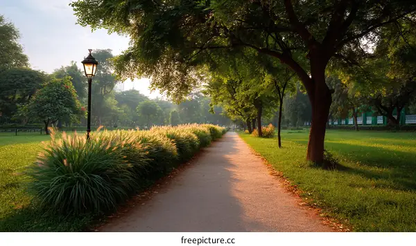 Park Pathway at Sunrise with Lush Greenery