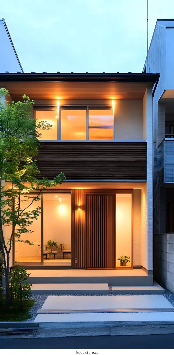 Modern Japanese Style House with Wooden Exterior and Large Windows