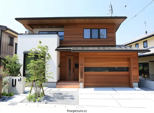 Modern Wooden House with Garage and Front Yard