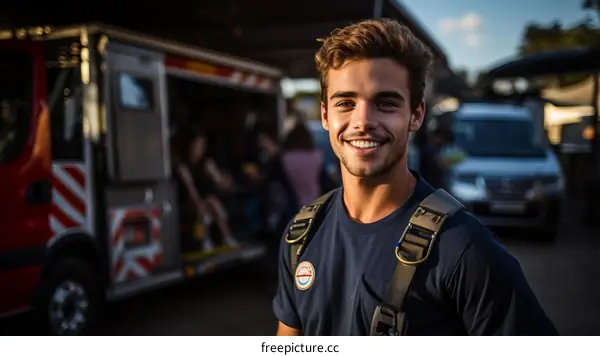Portrait of a young male firefighter smiling in front of a fire truck