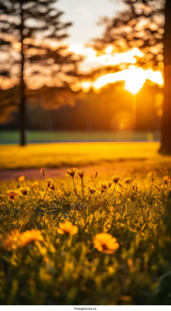 Close-up of Yellow Flowers in a Field Bathed in Sunset
