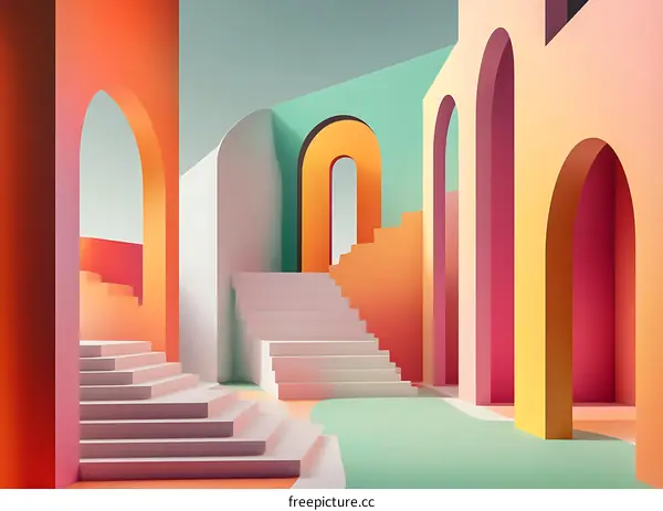 Abstract Architecture Design with Colorful Arches and Stairs