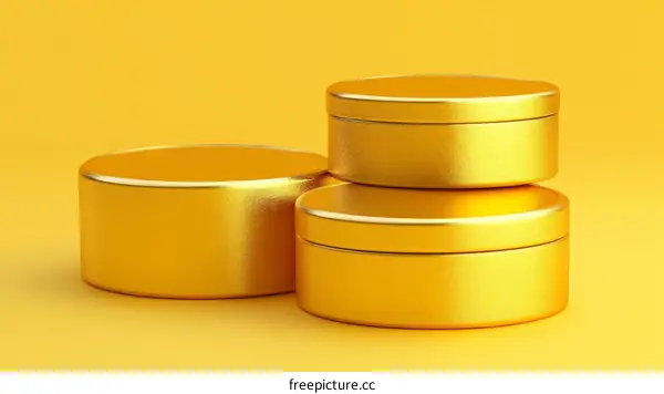 Three Gold Cosmetic Containers on a Yellow Background