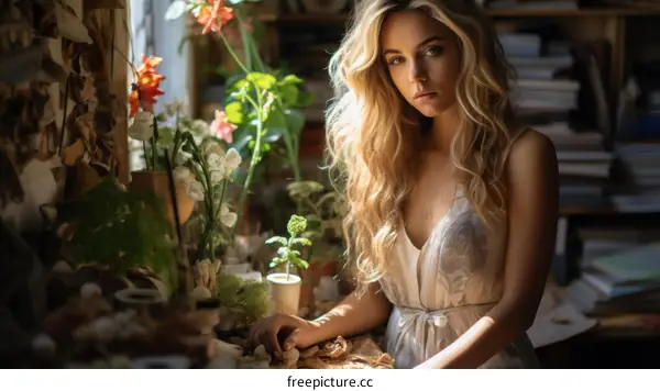 Portrait of a young woman with long blond hair sitting in a room full of plants