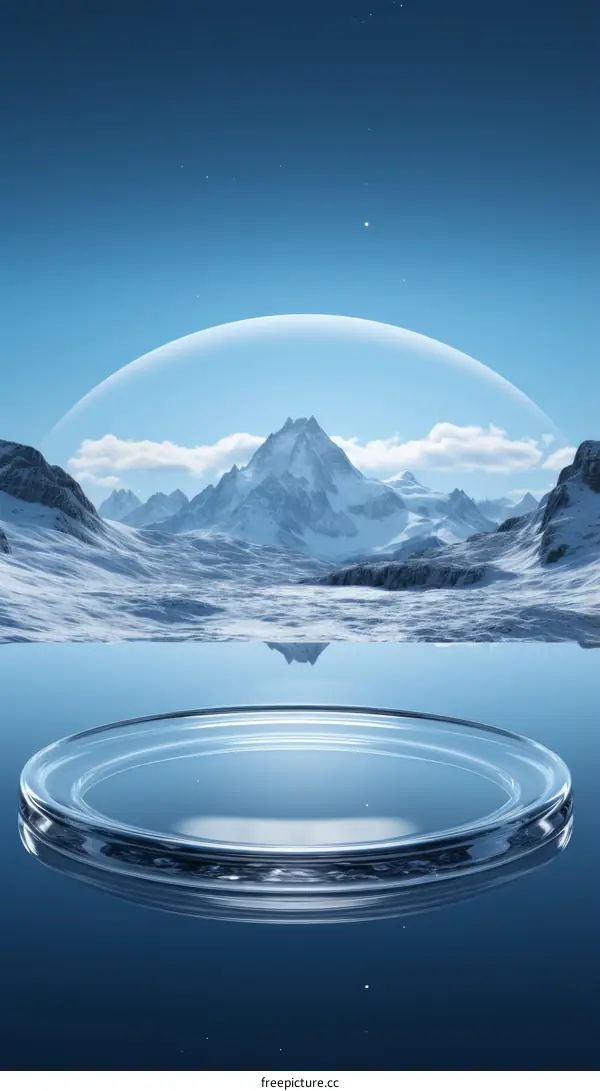 A Snowy Mountain Landscape Inside a Glass Dome on a 3D Glass Platform