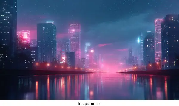 Neon Cityscape at Night with Reflective Waterway