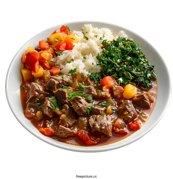 [Transparent Background PNG]Beef stew with rice and vegetables