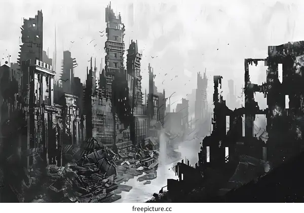 Destroyed Cityscape Illustration in Black and White