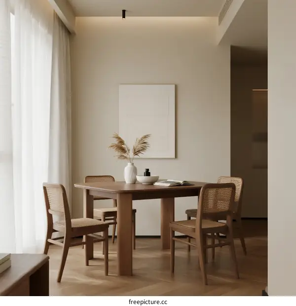 Modern Minimalist Dining Room with Wooden Furniture and White Curtains