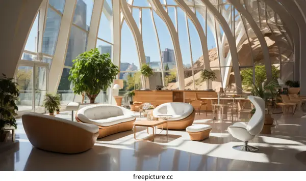 Modern interior space with large windows and curved walls