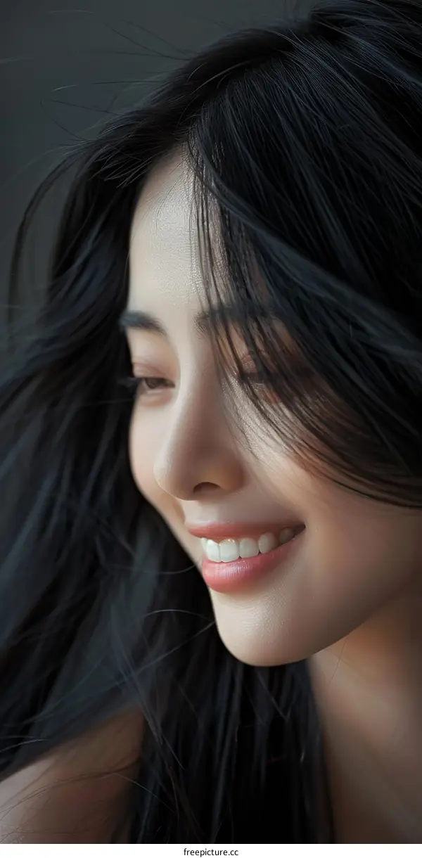 A beautiful Asian woman with long black hair is smiling.