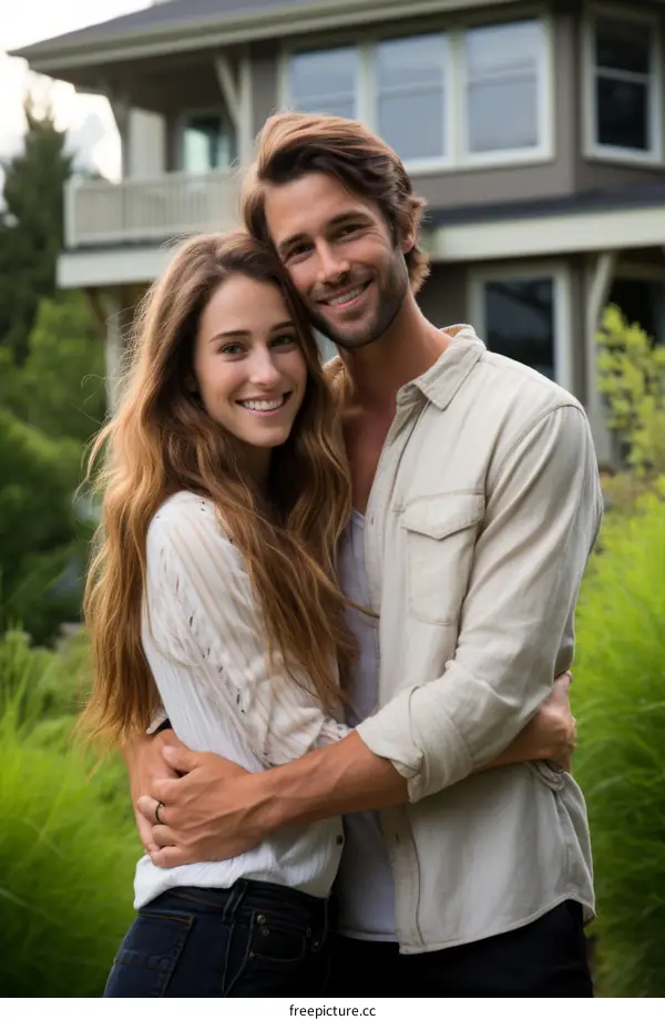 Happy couple embracing in front of their new home