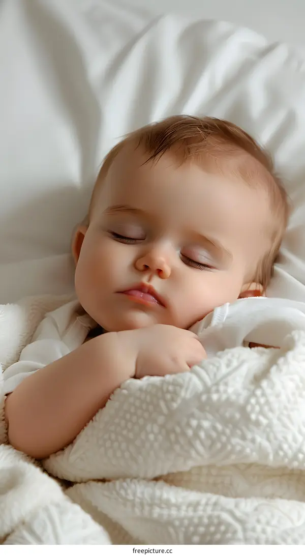 An adorable baby is sleeping soundly wrapped in a white blanket