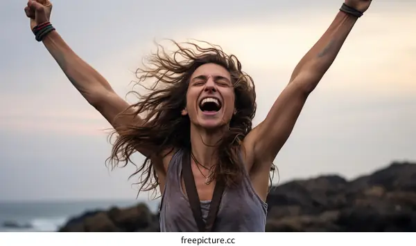 Ecstatic woman celebrating success with arms raised in triumph