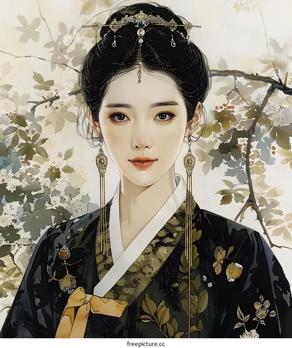Portrait of a Woman in Traditional Korean Hanbok Dress