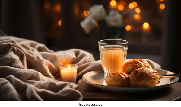 cozy still life with croissants, orange juice and a candle
