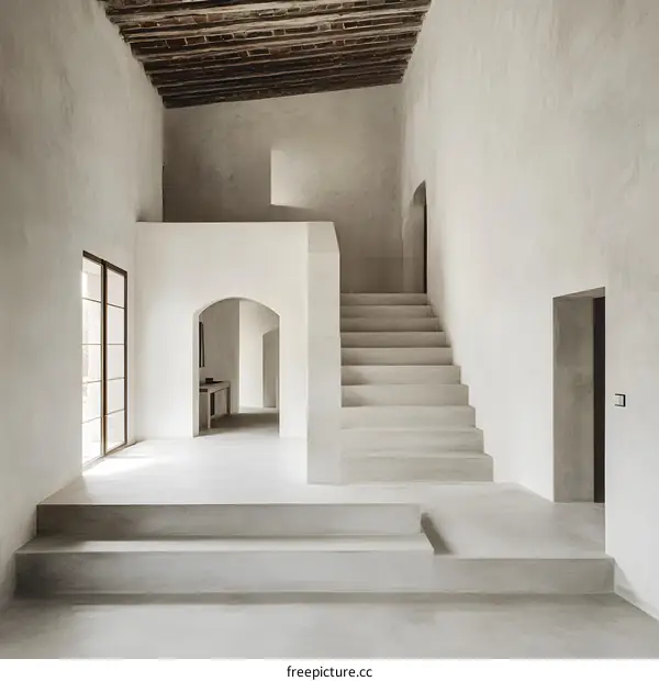 Minimalist Interior Design with Concrete Stairs and Archways in a Rustic Building
