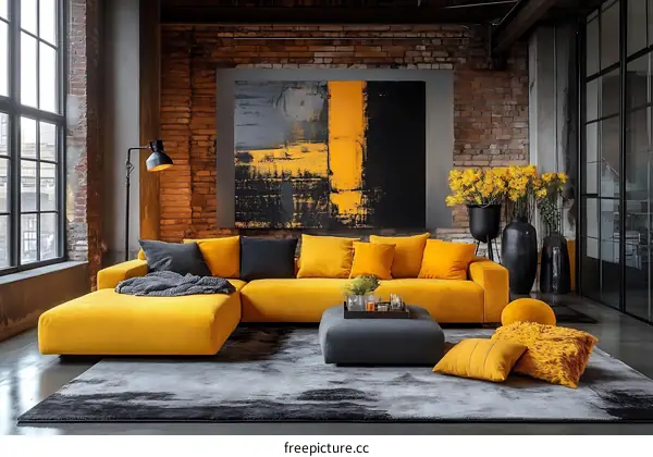 Modern Industrial Living Room with Mustard Yellow Sofa