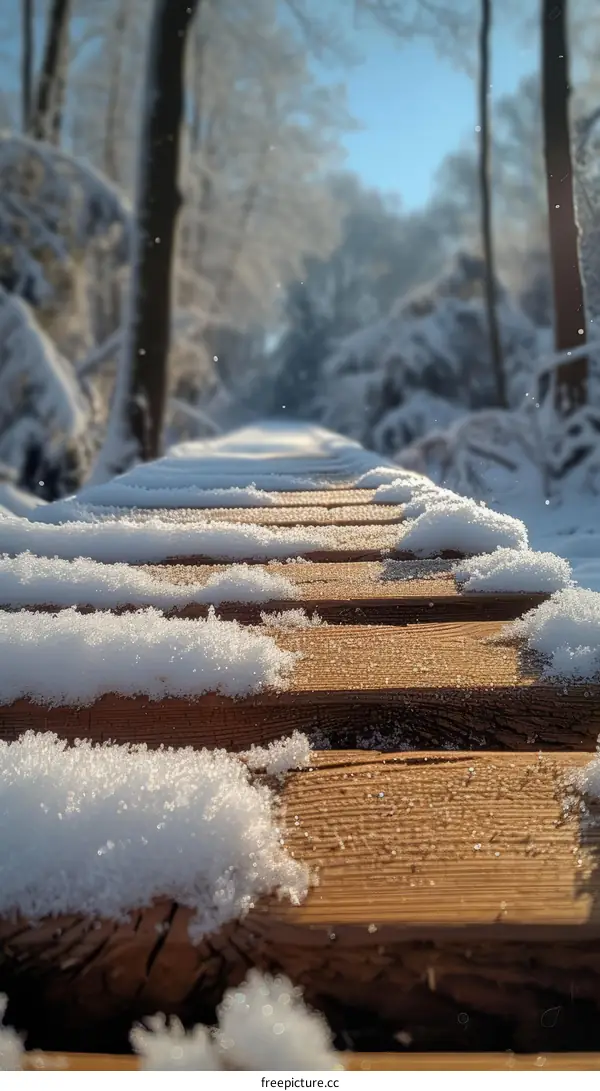 Wooden walkway covered with snow in a winter forest