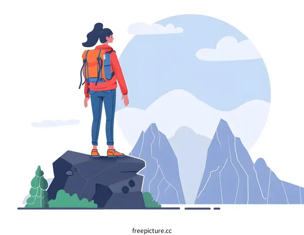 Woman Standing On A Mountain Peak With Backpack Looking At The View