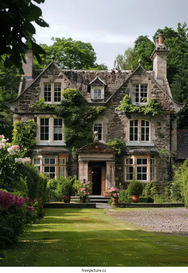Traditional Stone Cottage with a Blooming Garden