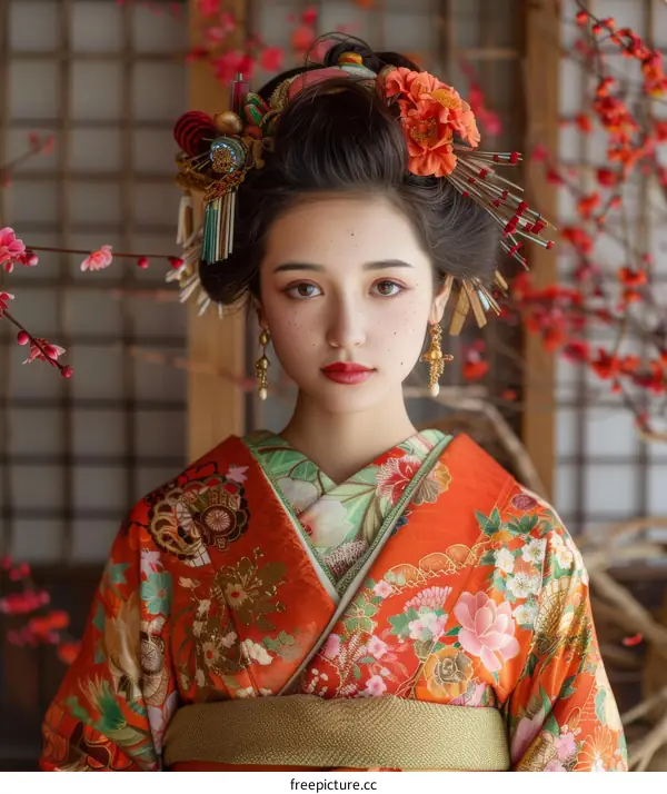Portrait of a young Japanese woman in traditional kimono