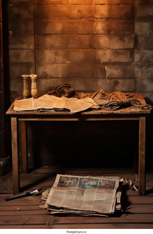 Old Table with Newspapers and Knife, Abandoned and Forgotten